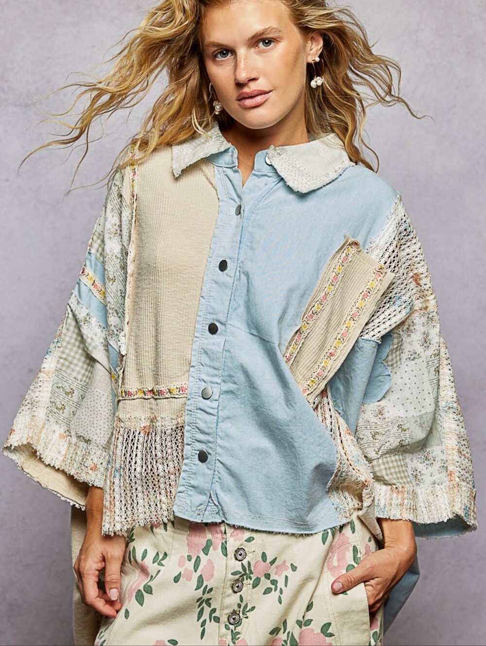 POL Lace Patch Floral Half Sleeve Shacket Light Denim Boho Style GWT551
